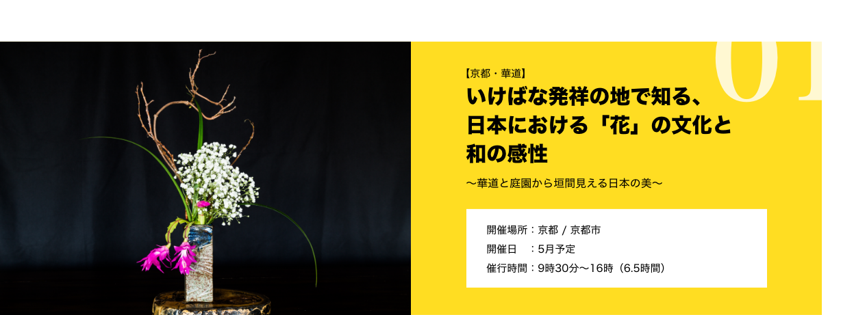 【京都・華道】 いけばな発祥の地で知る、日本における「花」の文化と和の感性 ~華道と庭園から垣間見える日本の美~ 開催場所:京都 / 京都市 開催日:5月予定 催行時間:9時30分~16時(6.5時間)