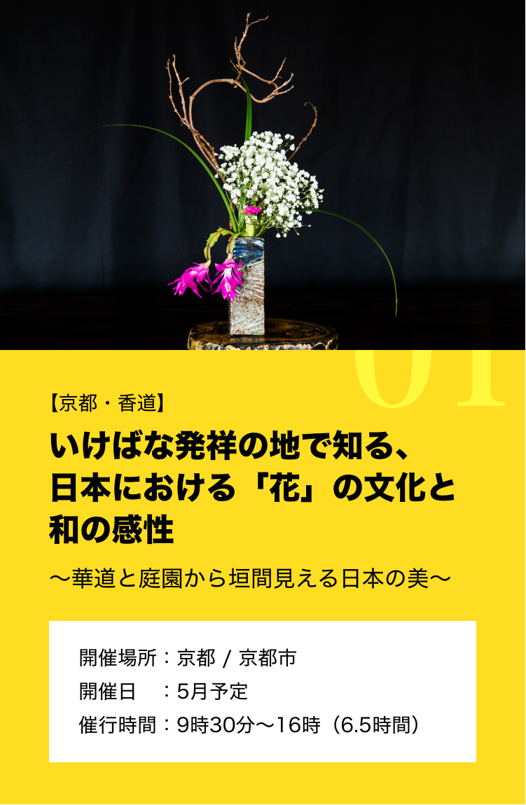 【京都・華道】 いけばな発祥の地で知る、日本における「花」の文化と和の感性 ~華道と庭園から垣間見える日本の美~ 開催場所:京都 / 京都市 開催日:5月予定 催行時間:9時30分~16時(6.5時間)