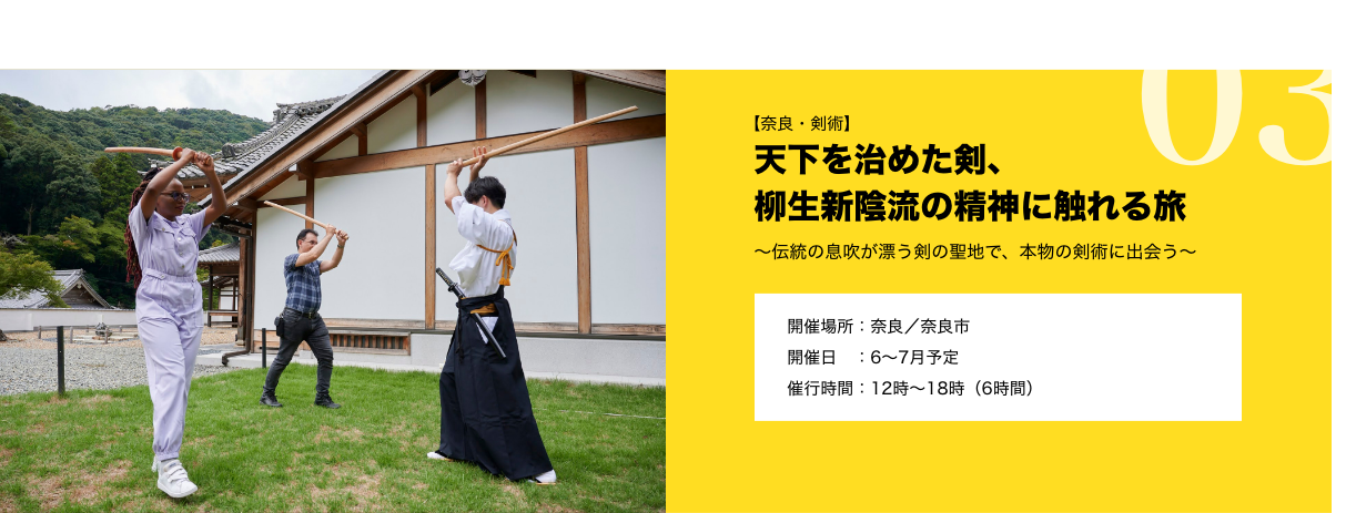 【奈良・剣術】 天下を治めた剣、柳生新陰流の精神に触れる旅 ~伝統の息吹が漂う剣の聖地で、本物の剣術に出会う~ 開催場所:奈良 / 奈良市 開催日:6~7月予定 催行時間:12時~18時(6時間)