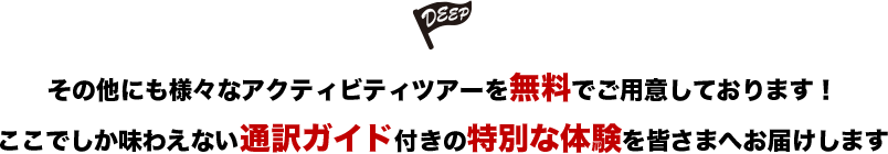 その他にも様々なアクティビティツアーを無料でご用意しております!ここでしか味わえない通訳ガイド付きの特別な体験を皆さまへお届けします