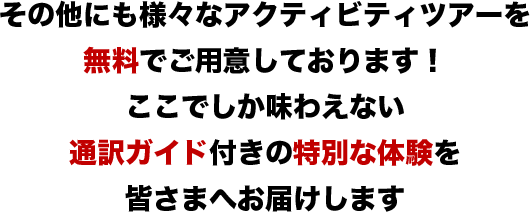 その他にも様々なアクティビティツアーを無料でご用意しております！ここでしか味わえない通訳ガイド付きの特別な体験を皆さまへお届けします